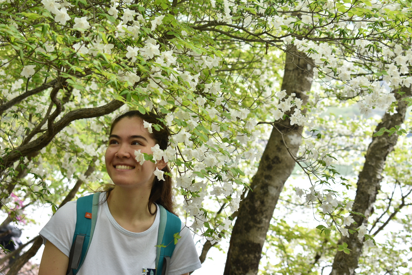 A hiker poses with white quinquefolium azaleas