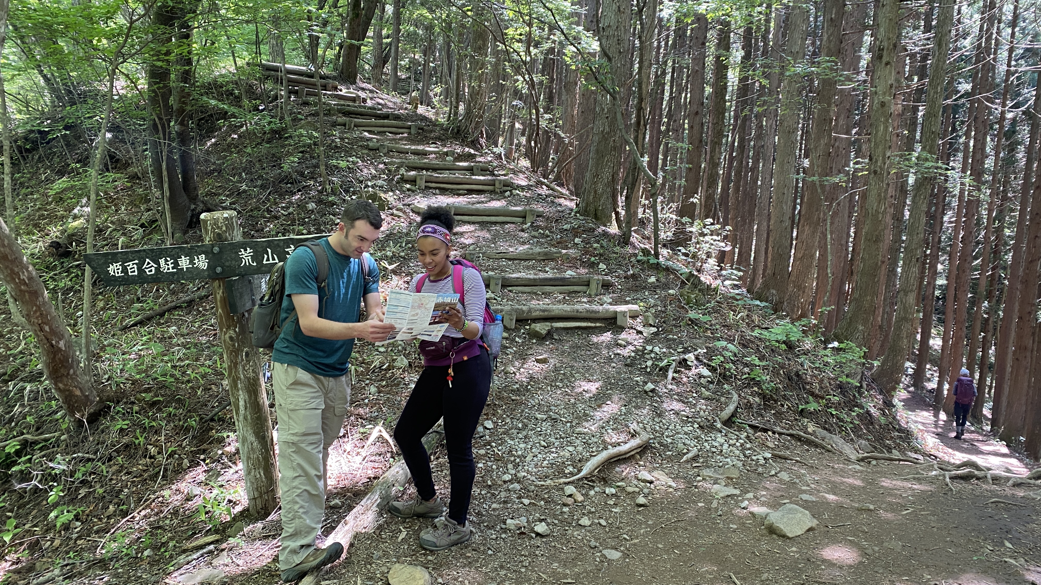 Two hikers looking at a trail map