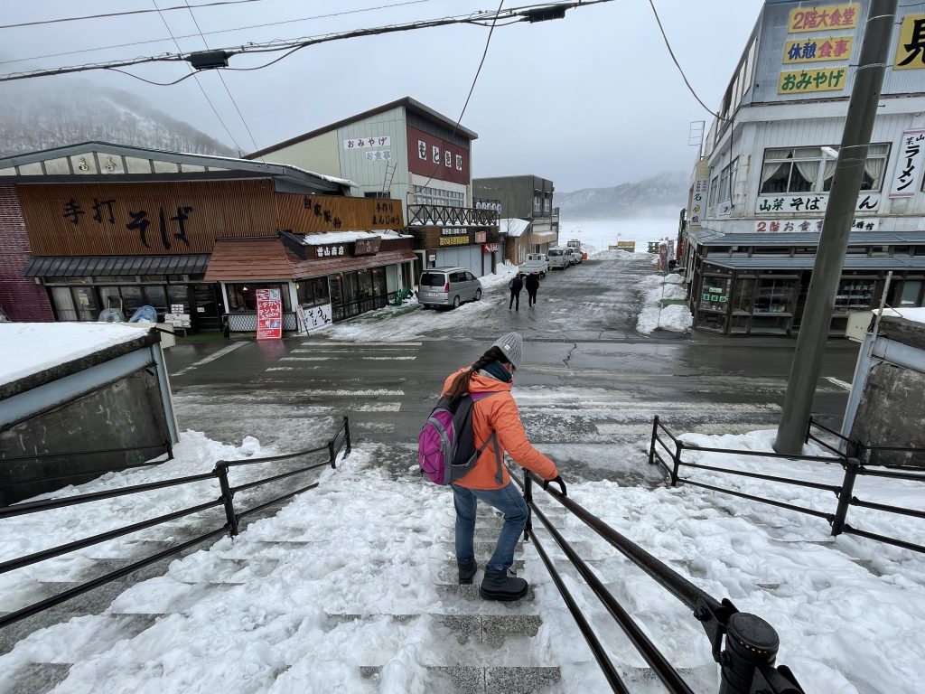 A person in a an orange jacket walking carefully down snowy steps